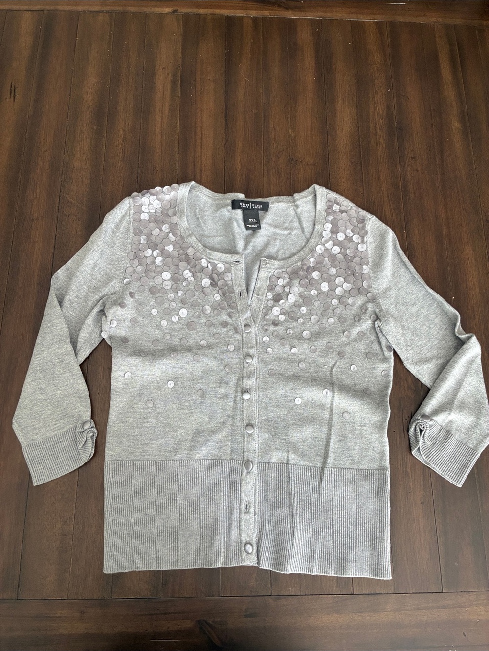 White House Black Market Silver Silk Sequin Button-Front Cardigan